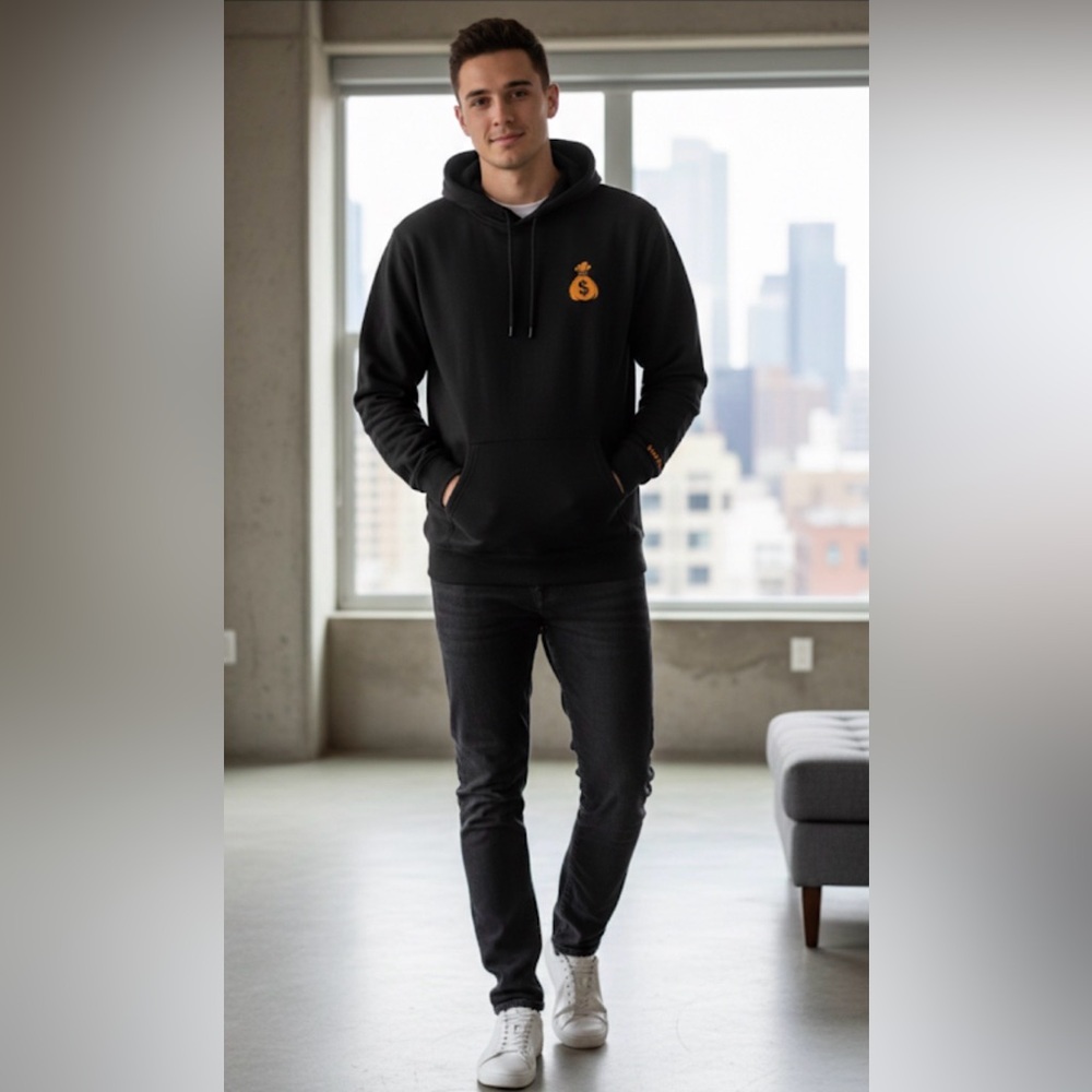 Black Hoodie with Orange Money Bag Design